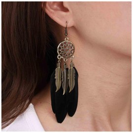 Inateannal Boho Black Feather Earrings Long Feather Tassel Earrings Vintage Tribal Feather Earrings Gold Feather Earrings Jewellery for Women and Girls