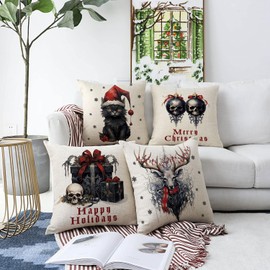 Tian Zhun Christmas Pillow Covers 18x18 Inch Set of 4 Spooky Gothic Cat Throw Pillow Covers Xmas Winter Decorative Cushion Covers Case Home Sofa Living Room Farmhouse Decor