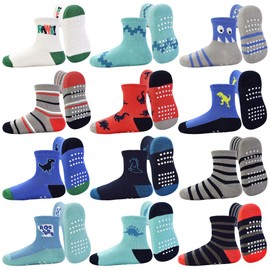 GRPSKCOS Non-Slip Socks Children's Stopper Socks Children 12 Pairs Non-Slip Socks Children ABS Socks for 1-7 Years Boys Girls, #2 Dinosaurs