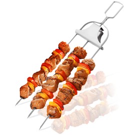 SHIKORI 3 Way Kabob Skewer, 14'' Semi-automatic Stainless Steel Barbecue Fork, Kabob Sticks With Push Bar Reusable Metal Skewer for Outdoor BBQ-1 Pcs