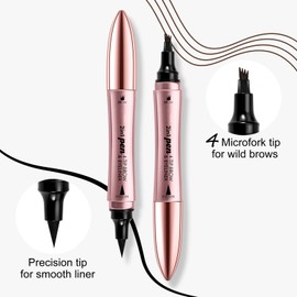 Boobeen 2 in 1 Micro Eyebrow Pen, Dual-Ended Brow Pencil Eyeliner for Women, with 4-Fork-Tip & Precise Brush-Tip, Waterproof, Hair Like Strokes
