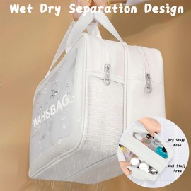 2 PCS Clear Toiletry Bags for Women, Travel Toiletries Wash Bag with Handles, Wet Dry Separation Large Capacity PVC Makeup Bag for Girls (White)