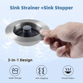 Universal Kitchen Sink Drain Strainer Stopper, Pop Up Sink Stopper, Anti-Clog Kitchen Sink Strainer Basket for 3-1/2 Inch Sink Drain, Extra 2 Pcs Detachable Basket Strainers, Chrome