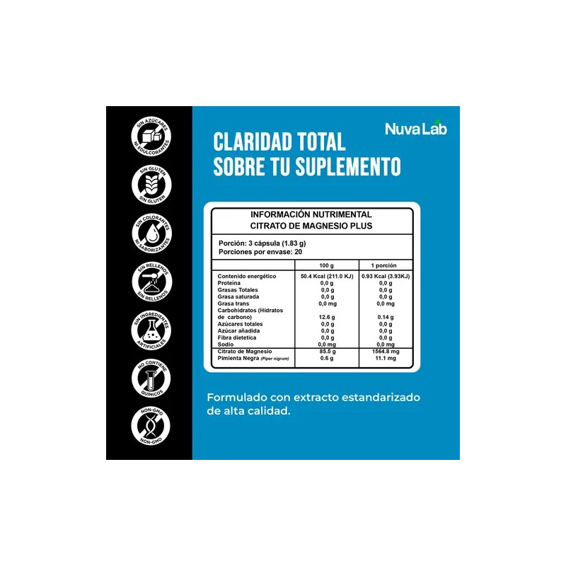Citrato Magnesio Alta Absorción Capsulas 610mg Nuvalab Sabor