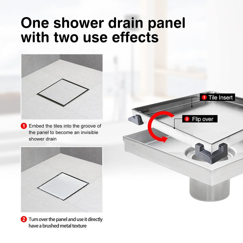 SaniteModar Square Shower Drain 6 inch with Shower Drain Base,
