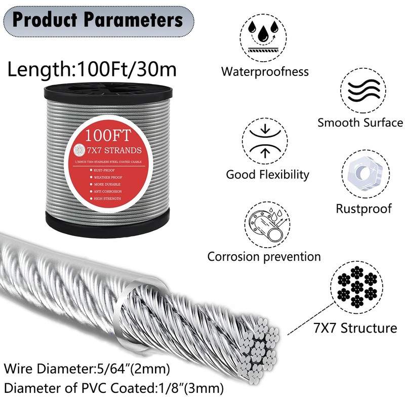 GZFTMKOBNS Wire Rope,1/8"Steel Cable,100FT Stainless Steel Cable,M5 Turnbuckle for Cable