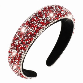 Baroque Rhinestone Headband for Women - Padded Velvet Bling Crystal Hairband, Sparkly Wide Sponge Hair Hoop Accessories for Wedding, Party, Prom, Birthday Gift - Red