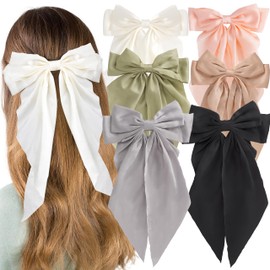 Hair Bows for Women, 6 Pcs Silky Satin Hair Bows for Girls, Oversized Ribbon Bows for Hair, Long Tail Hair Ribbon for Women, Large Bow Hair Clips, 6 Colors
