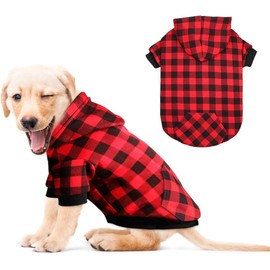Red Plaid Dog Hoodie Sweater for Dogs Pet Clothes with Hat and Pocket (Black Red, Small)