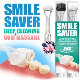 SMILE SAVER 360° Deep Clean 3-Sided Toothbrush | 2-Pack | Deep Cleaning + Gentle Gum Massage + Tongue Cleaner | Adults Children Braces Travel Gift Kids (Black & White - Clear Handles)