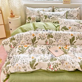 Nayoroom Bed Linen 155 x 220 cm Cotton Green Leaves with Colourful Flowers Spring Duvet Cover Set 2-Piece Aesthetic Country House Style Clean Girl Botanical Cotton Duvet Cover and Pillowcase 80 x 80
