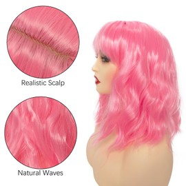 Pink Wavy Wig with Bangs for Women Girls Short Curly Synthetic Wig Wavy Shoulder Length Pastel Wigs for Women Girl Cosplay Costume Daily Use Wigs
