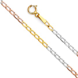 14k REAL Tri Color Gold Solid 1.5mm Figaro 1/1 Open Chain Necklace with Spring Ring Clasp - 20"