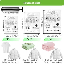 Vacuum Bags for Clothes, Pack of 12 Vacuum Bags for Duvets with Hand Pump (4 x 80 x 60 cm + 4 x 70 x 50 cm + 4 x 60 x 40 cm), Vacuum Clothes Bags for Travel, Moving and Storage