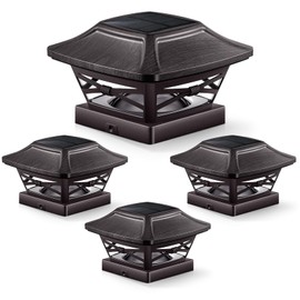 OPOIRA Wood Grain Solar Post Cap Lights, Dual-Core LED Fence Lights with Craftsman Design, 4 Pack Waterproof Outdoor Caps for 4x4 Wooden/Vinyl Post (Brown)