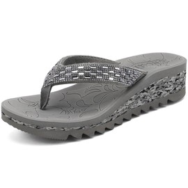 ONCAI Flip Flops Women with Rhinestone，Arch Support Orthopedic Sandal for Women 2025 Casual Summer Comfortable with Ladies Recovery Sandal Plantar Fasciitis Walking Outdoor Grey size 11