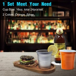 Heiboa 24pcs/set Recyclable Party Cups, 16 oz Dishwasher Safe Cups Silver Orange Reusable and Disposable Aluminum Drinking Cups Aluminum Tumblers Beer Cups for Party Camping Outdoors Supplies