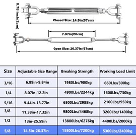 hannger Turnbuckle 5/8 304 Stainless Steel Turnbuckle, 5300 lbs Working Load Limit, Jaw and Jaw Turnbuckles for Cables Wire Tensioner, Turnbuckle for Shade Sail, Yard Zipline