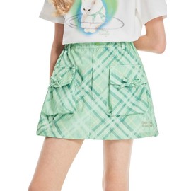 Girls Skirt,Green Plaid Skirt with Bow Pockets & Built-in Shorts 16Y