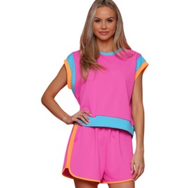 Why Dress Lounge Sets for Women 2 Piece Color Block Short Sleeve Top and Matching Casual Shorts Loose fit Loungewear Tracksuit Set Shorts Set (Fuchsia, Medium)