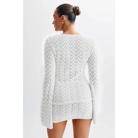 Women Crochet Knit 2 Piece Outfits Set Summer Cover Up Set Flared Long Sleeve Button Down Tops Beach Mini Skirt Vacation Outfits White