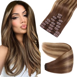 Elailite Clip in Hair Extension Real Human Hair Full Head Short Hair - 100% Remy Hair 8 Pcs Basic Thickness (#Ombre 4/4P27 Midium Brown/Midium Brown Mix Dark Blonde, 10"(50g))