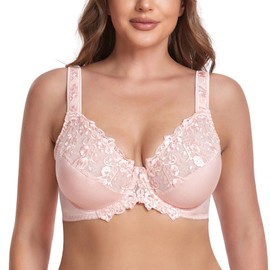 TELIMUSSTO Women's Full Coverage Floral Lace Underwired Bra Plus Size Non Padded Comfort Bra 46DD Pink