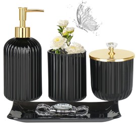 Jenseits Bathroom Accessories Set, 4Pcs Black Glass Bathroom Set Complete Includes Soap Dispenser, Toothbrush Holder, Apothecary Jar(Qtip Holder), Vanity Tray, Countertop Vanity Organizer, Home Decor