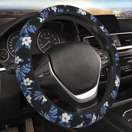 Blue Flowers Steering Wheel Cover, Cute Floral Auto Steering Wheel Protector Universal Car Accessories Neoprene Interior Decor Protection 15 Inch Fit US SUV Sedan Vans Trucks for Women Men Adults