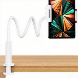 YTDSUP Gooseneck Tablet Stand Holder for Bed, Long Arm Clamp Clip Stand for Bed Desk Table Kitchen Game, Holder Mount for Tablet Phone, Flexible Foldable Adjustable - White