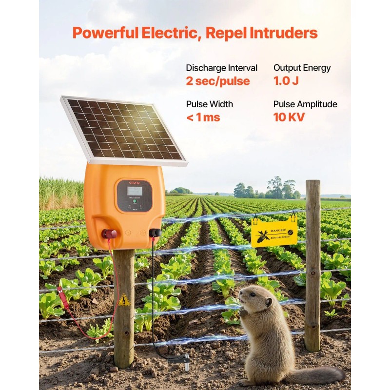1J 10kV Solar Powered Fence Charger 1.86 Mile Range Electric