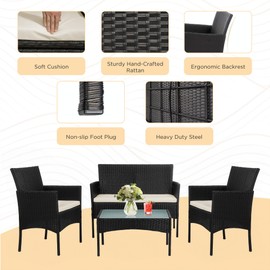 PROHIKER 4 Piece Outdoor Wicker Patio Conversation Furniture Set, Rattan Chair Wicker Sofa Garden Conversation Sets with Cushion and Glass Table for Yard Pool or Backyard, Black/Beige