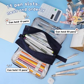 iSuperb Big Capacity Corduroy Pencil Case 3 Compartments Pen Pouch Simple Organizer Bag Large Capacity Pencil Box for Adults (Navy Blue)