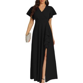 COOAN Women's Black Long Formal Dresses Cocktail Wedding Guest Dress Ruffle Split Elegant V Neck Party Gowns