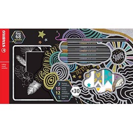 STABILO - Juego creativo metálico de 7 bolígrafos 68 metálicos + 12 pegatinas + 10 tarjetas negras + 1 cinta adhesiva