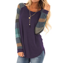 Halife Womens Color Block Round Neck Raglan Shirts Long Sleeve Tunic Tops Blouse Purple M
