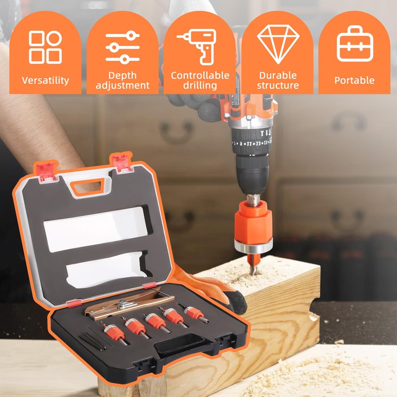 5Pcs Limit Countersink Drill Bit Set, Adjustable Depth Wood Countersink