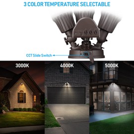 LEONLITE 3CCT LED Security Light Motion Sensor, Aluminum Flood Lights Outdoor, 3 Modes Motion Detector+Dusk to Dawn+Switch Control, 3000K/4000K/5000K Selectable, IP65, Adjustable 3-Head, ETL, Bronze