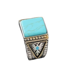 Gixaxak North American Indian God Beast Western Honor Thunderbird Feather Turquoise Two-Tone Ring Natural Turquoise Stone Gold Plated Turquoise Gemstone Ring Jewelry Anniversary Ring (Size 10)