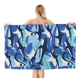 VOOHDDY Fun Shark Pattern Blue Beach Towel Large Soft Absorbent Microfiber Quick Dry Oversized Bath Towels for Bathroom Women Men Pool Camping Travel Swimming Picnic Sports