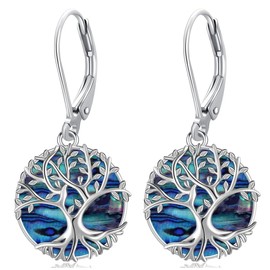 Tree of Life Earrings Sterling Silver Tree of Life Dangle Earrings for Women Lever back Earrings Round Abalone Shell Earring Jewelry Hypoallergenicity