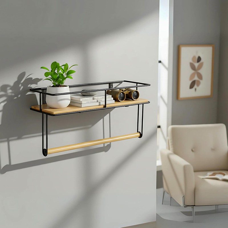 SDZOREN Hand Towel Holder with Wooden Shelf – Wall-Mounted Bathroom
