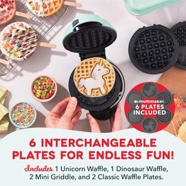 DASH Multimaker Mini System - Waffle Maker with Six 4” Removable Plates: Waffle Iron & Griddle, 4-in-1 Mini Waffle Maker for Kids and Families – Nonstick Surface, Just Add Batter (Aqua)