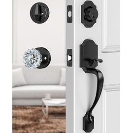Calzibeno Black Front Door Handle and Deadbolt Set, Front Door Lock Set with Crystal Glass Door Knob, Entry Door Lock Set with Single Cylinder, Reversible for Right & Left, Matte Black