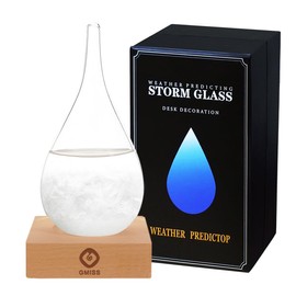 Storm Glass Weather Predictor, Storm Global Weather Station on Wooden Base, Creative Fashion Drop Shape Decoration for Home and Office, Gifts for Family and Friends (S)