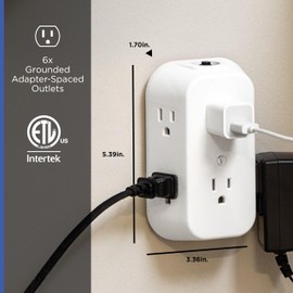 GE 6-Outlet Extender, Grounded Wall Tap, Reset Button, Circuit Breaker, Adapter Spaced Outlets, 3-Prong, Multiple Plug, Quick and Easy Install, Cruise Essentials, ETL Listed, White, 56575