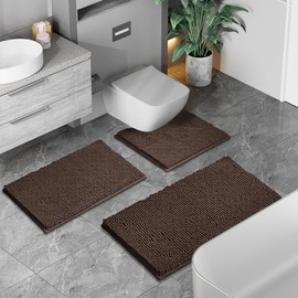 Bath Rug Set 3 Piece Luxury Chenille Extra Soft and Absorbent Shaggy Bathroom Mat Rugs, Machine Washable, Non-Slip Plush Carpet Runner for Tub, Shower, (Brown) Home Decor Bathroom Accessories
