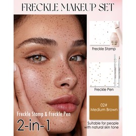 Freckle Pen Medium Brown and Stamp Kit- Natural Faux Henna Freckles Face Tattoo Waterproof Long Lasting, 5Points Fake Freckle Stamp Liquid Pencil Foundation Face Makeup for women and girls- 02+02#