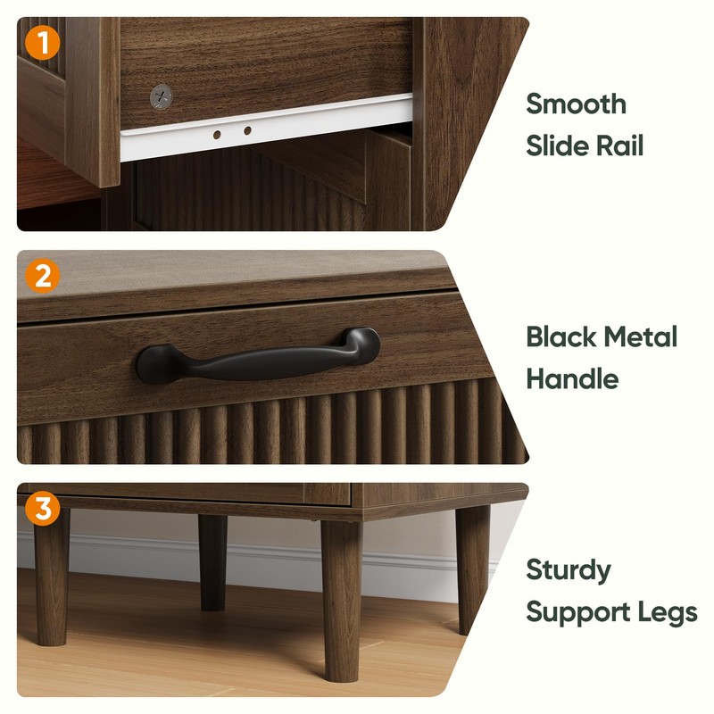 Smart FENDEE Fluted Nightstand with 2 Drawers, Bedside Table with