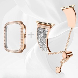 Artificial Rhinestone Watch Band & Watch Case Set, 1 Count Fashionable Watch Band & 1 Count Smart Watch Case, Smart Watch Accessories for Women & Girls - Color: Black, Specification: 45mm